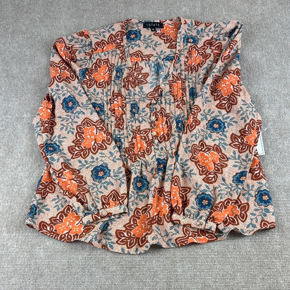 1. State Women's Pullover V-Neck Long Sleeve Floral Orange/Blue Blouse Sz XS NWT